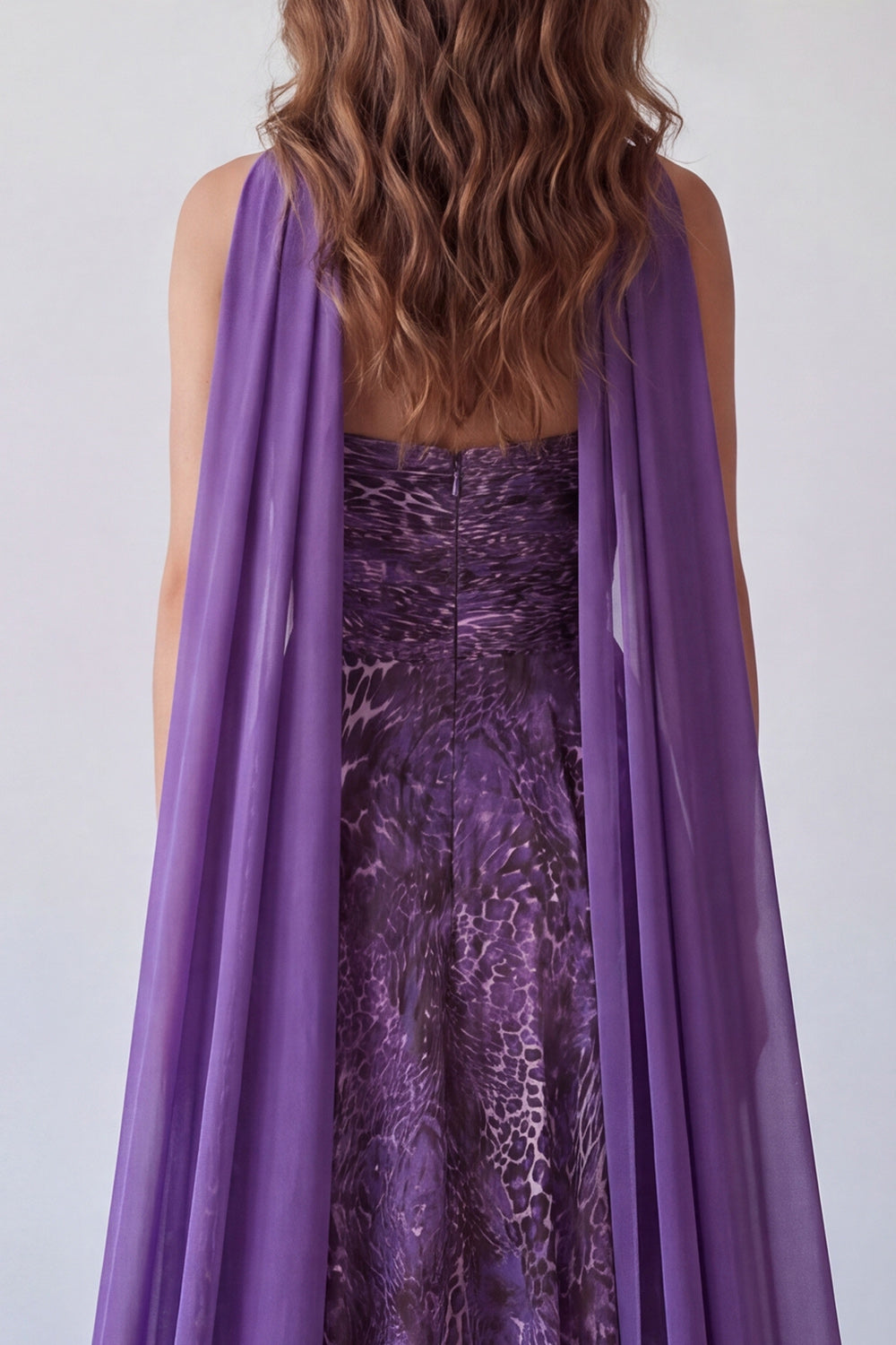 A Line Strapless Neck Scarf Purple Leopard Print Long Formal Dress