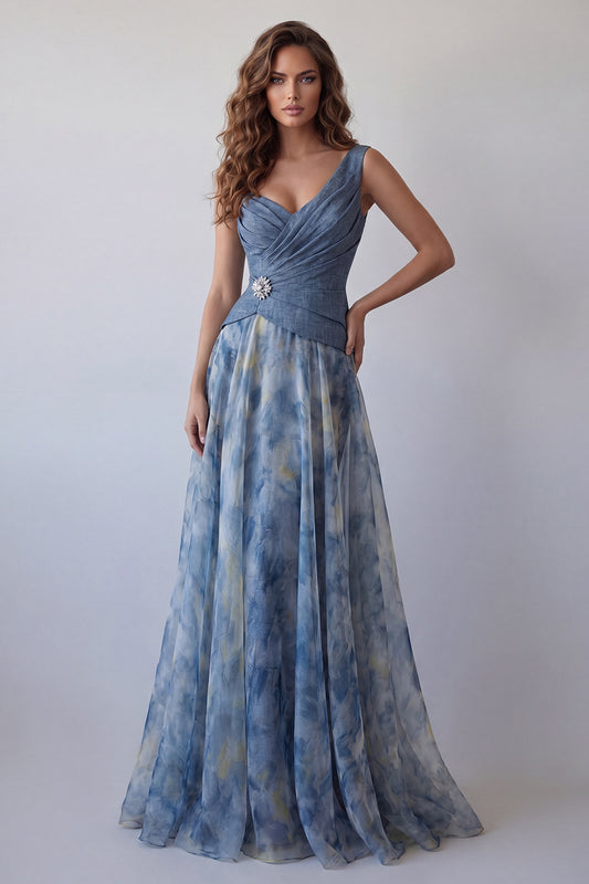 Dusty Blue V-Neck Floral Ruched Long A Line Formal Dress with 3D Flower