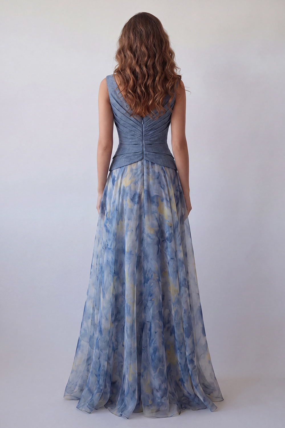 Dusty Blue V-Neck Floral Ruched Long A Line Formal Dress with 3D Flower