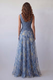 Dusty Blue V-Neck Floral Ruched Long A Line Formal Dress with 3D Flower