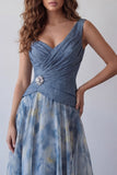 Dusty Blue V-Neck Floral Ruched Long A Line Formal Dress with 3D Flower