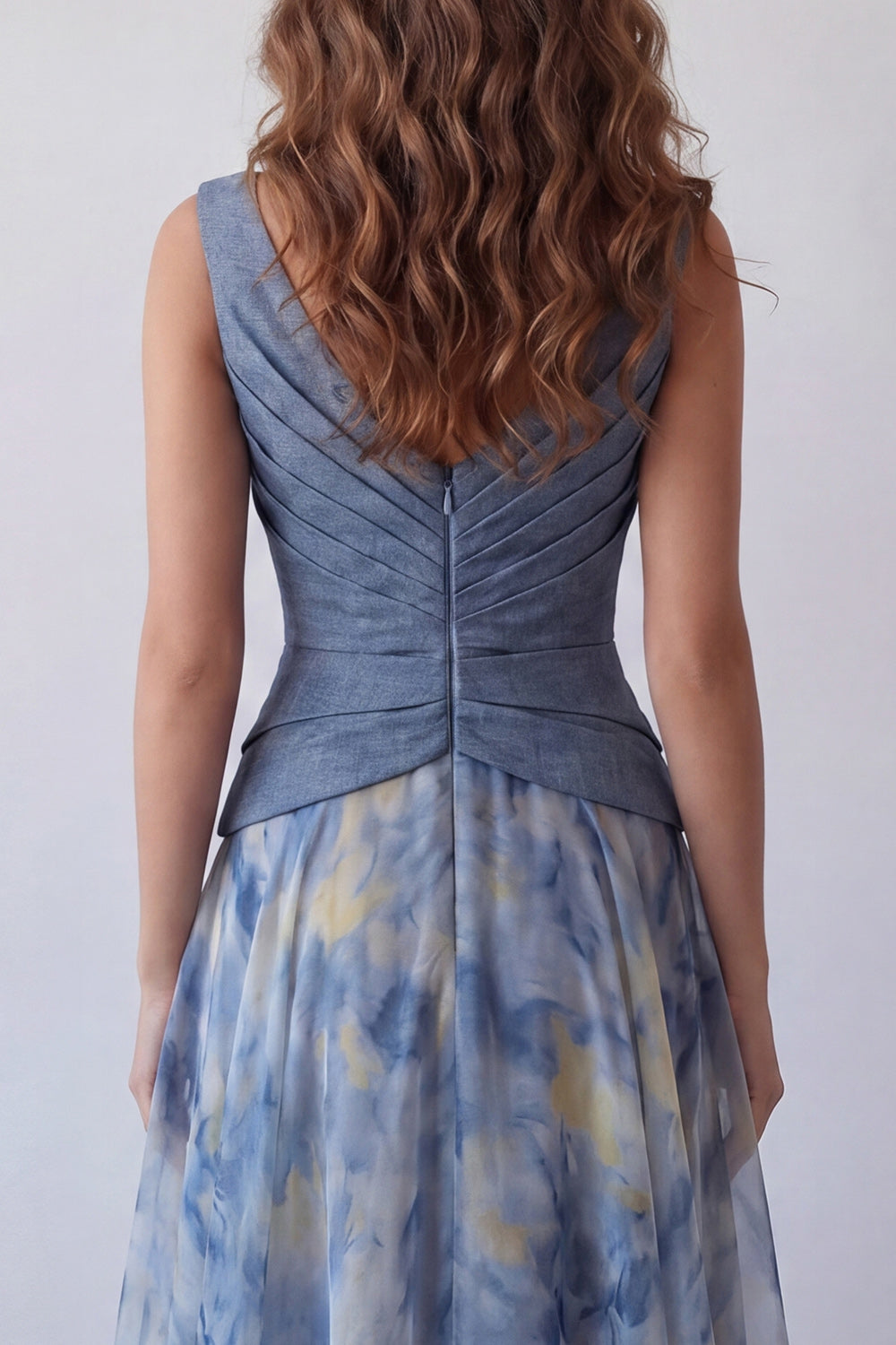 Dusty Blue V-Neck Floral Ruched Long A Line Formal Dress with 3D Flower