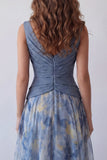 Dusty Blue V-Neck Floral Ruched Long A Line Formal Dress with 3D Flower