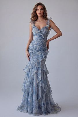 Mermaid Dusty Blue V-Neck Floral Ruched Long Formal Dress with Ruffles