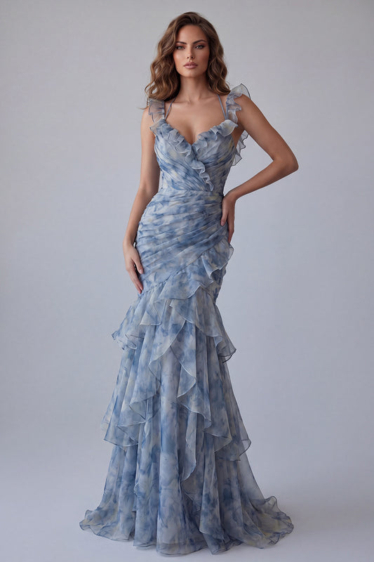 Mermaid Dusty Blue V-Neck Floral Ruched Long Formal Dress with Ruffles