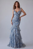 Mermaid Dusty Blue V-Neck Floral Ruched Long Formal Dress with Ruffles