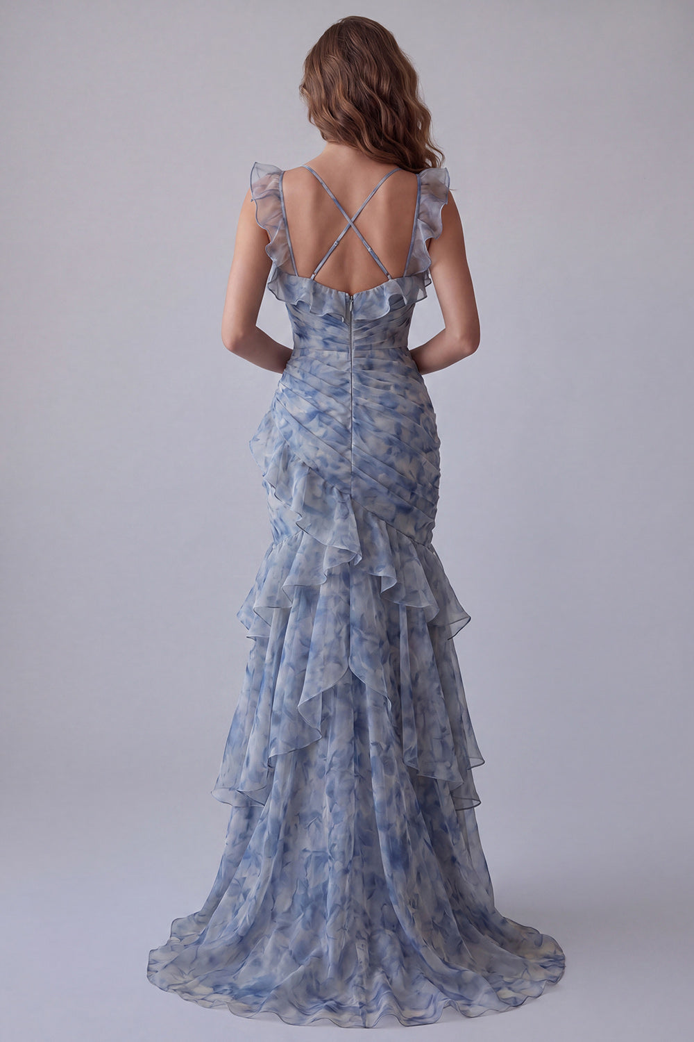 Mermaid Dusty Blue V-Neck Floral Ruched Long Formal Dress with Ruffles