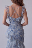 Mermaid Dusty Blue V-Neck Floral Ruched Long Formal Dress with Ruffles
