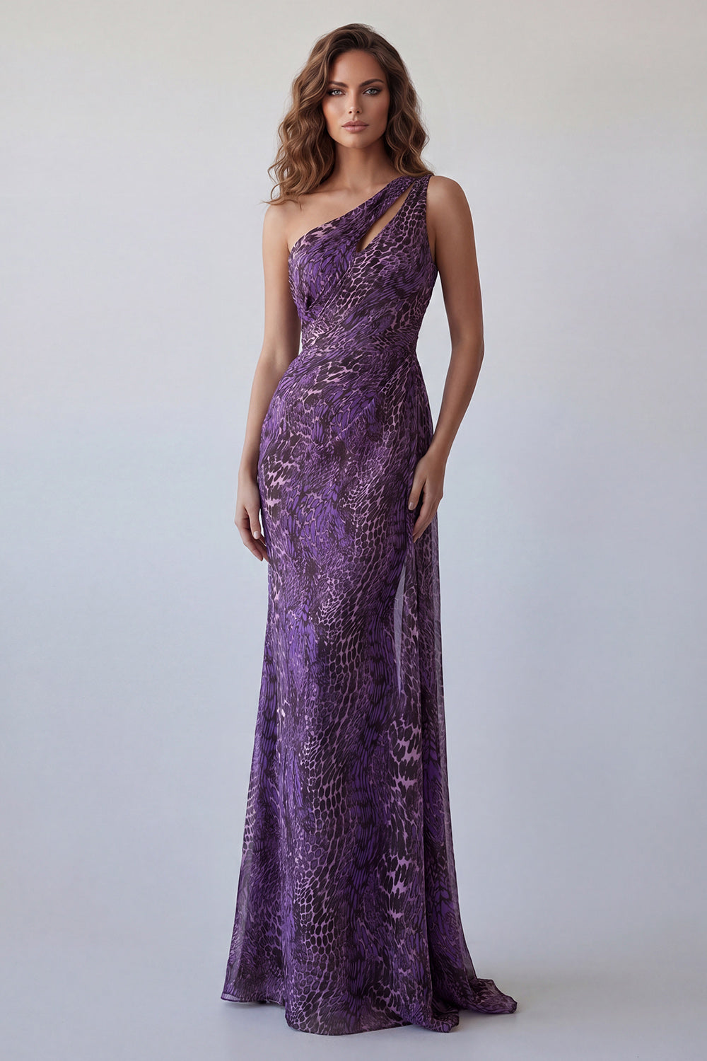 Cut Out Purple One Shoulder Leopard Print Long Mermaid Formal Dress with Side Cape