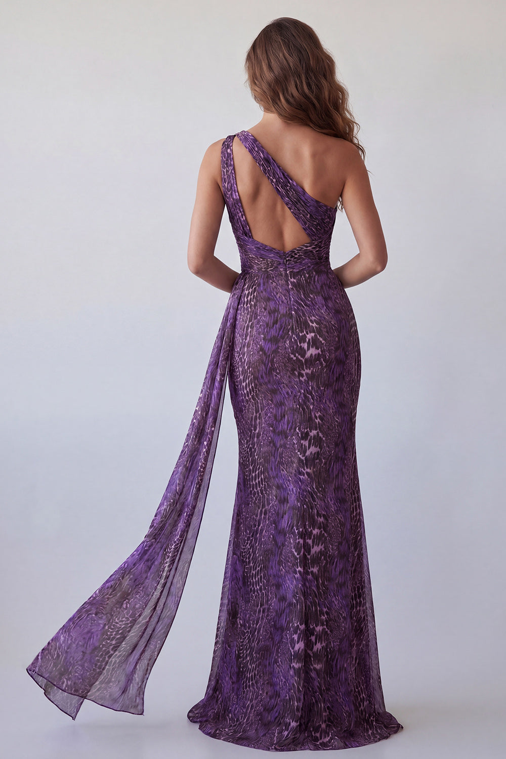 Cut Out Purple One Shoulder Leopard Print Long Mermaid Formal Dress with Side Cape