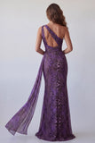 Cut Out Purple One Shoulder Leopard Print Long Mermaid Formal Dress with Side Cape