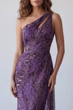 Cut Out Purple One Shoulder Leopard Print Long Mermaid Formal Dress with Side Cape