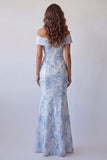 Off the Shoulder Floral Sky Blue Long Mermaid Formal Dress