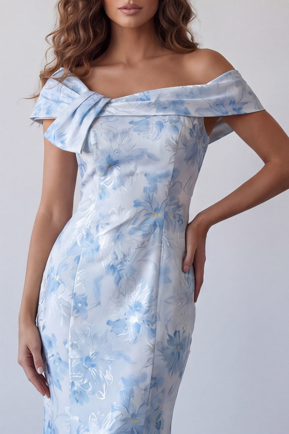 Off the Shoulder Floral Sky Blue Long Mermaid Formal Dress