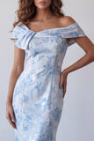 Off the Shoulder Floral Sky Blue Long Mermaid Formal Dress