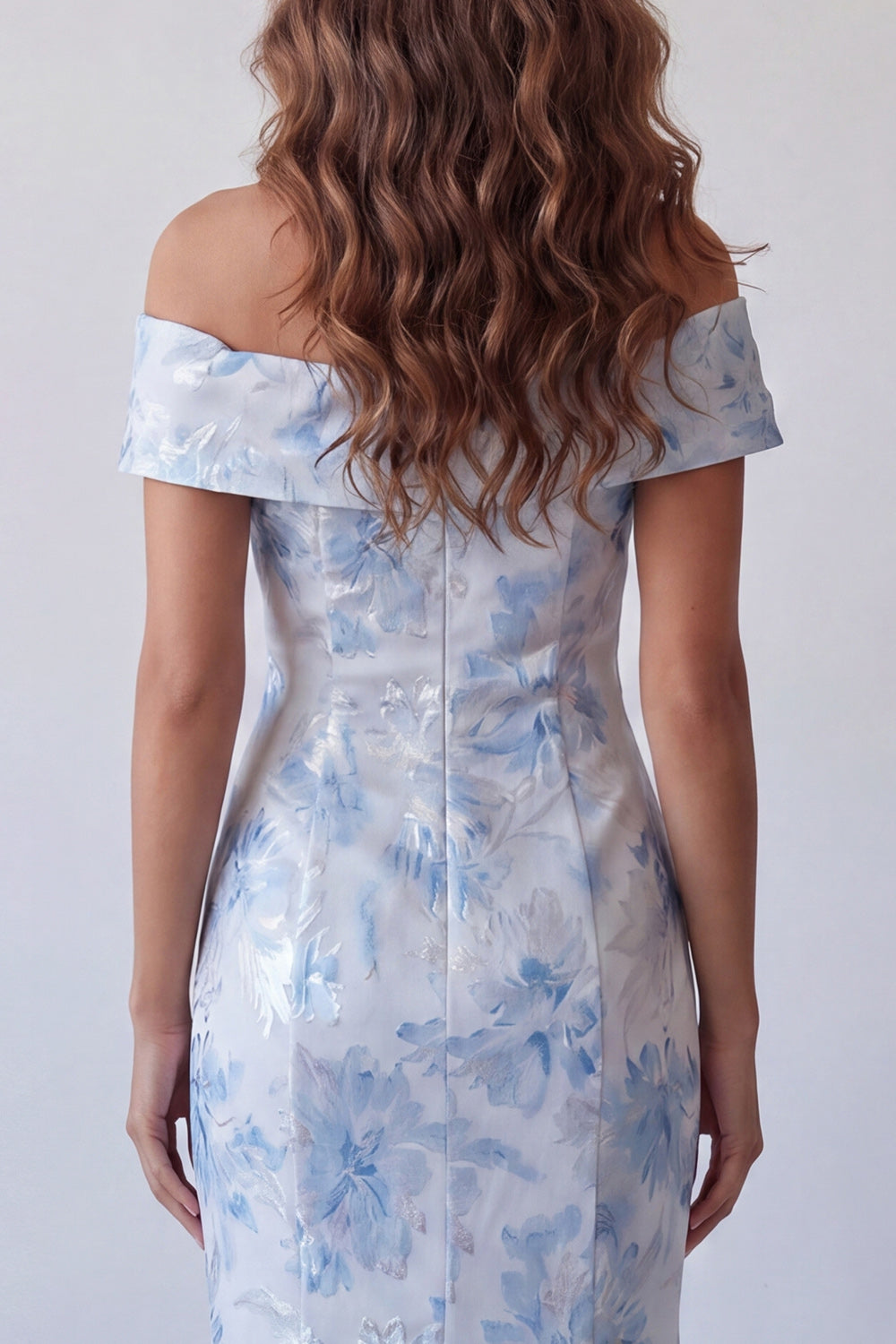 Off the Shoulder Floral Sky Blue Long Mermaid Formal Dress