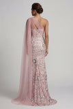 Mermaid Long Beaded Sparkly Pink Mother of the Bride Dress with Side Cape