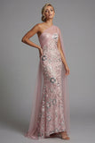 Mermaid Long Beaded Sparkly Pink Mother of the Bride Dress with Side Cape
