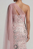 Mermaid Long Beaded Sparkly Pink Mother of the Bride Dress with Side Cape