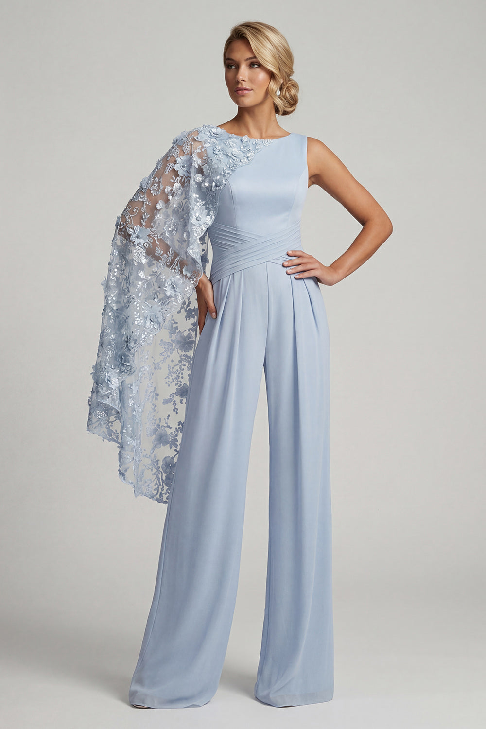 Sky Blue Floral Boat Neck Long Mother of the Bride Pantsuits with Side Cape