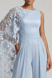Sky Blue Floral Boat Neck Long Mother of the Bride Pantsuits with Side Cape