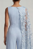 Sky Blue Floral Boat Neck Long Mother of the Bride Pantsuits with Side Cape