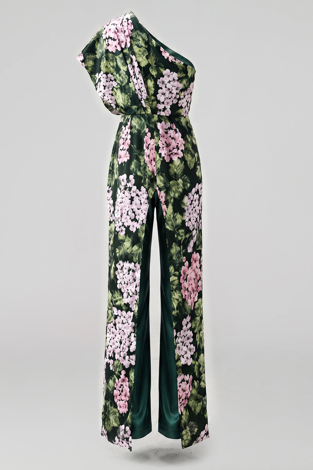 Dark Green Floral One Shoulder Long Mother of the Bride Pantsuits with Pockets