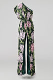Dark Green Floral One Shoulder Long Mother of the Bride Pantsuits with Pockets