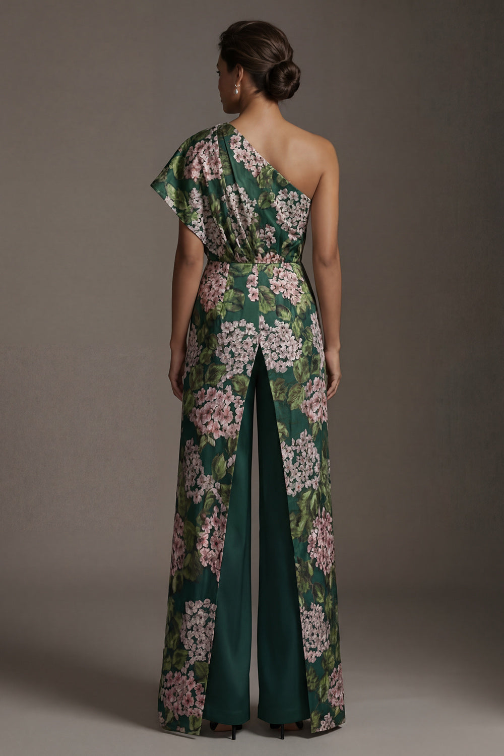 Dark Green Floral One Shoulder Long Mother of the Bride Pantsuits with Pockets