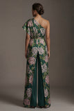 Dark Green Floral One Shoulder Long Mother of the Bride Pantsuits with Pockets