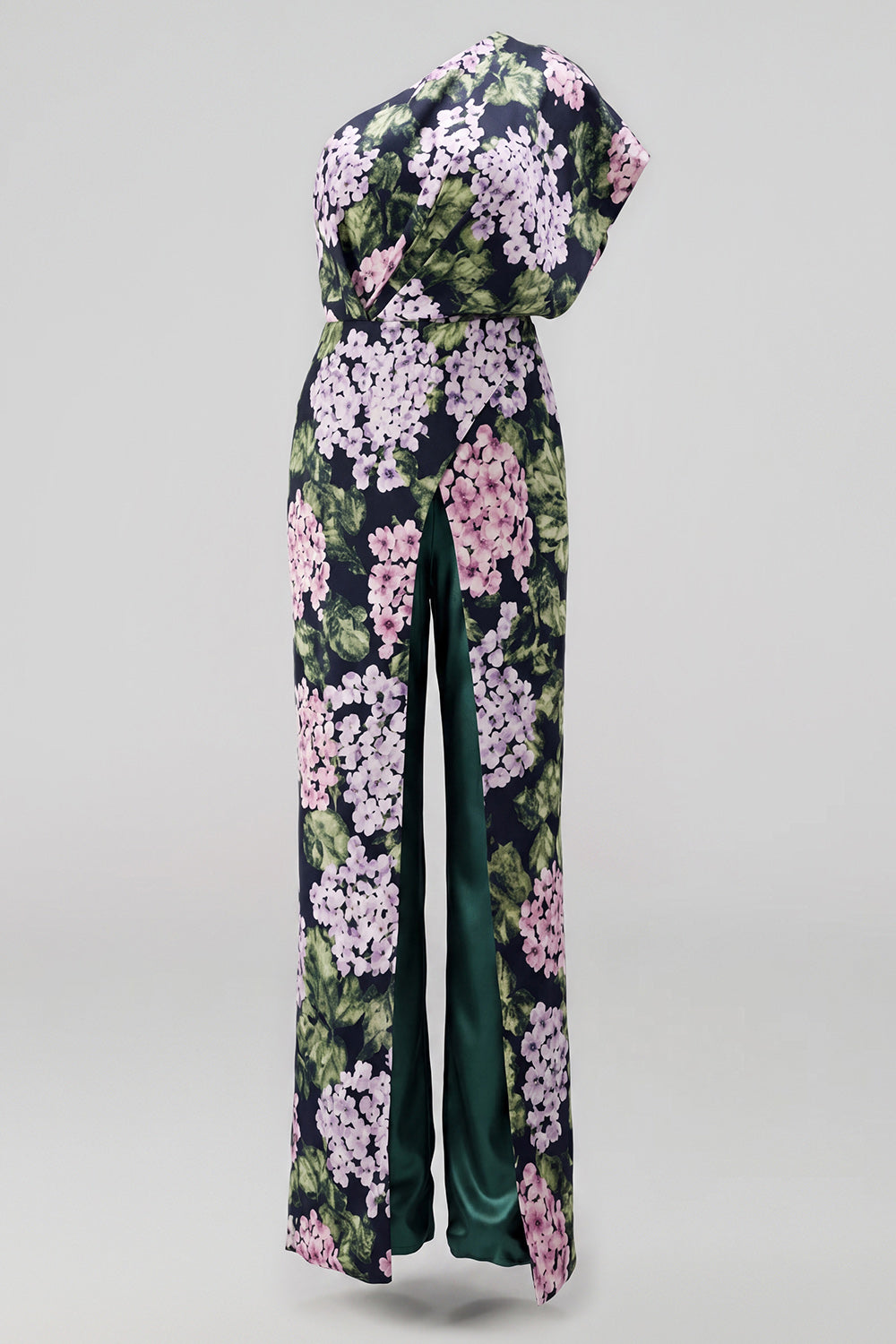 Dark Green Floral One Shoulder Long Mother of the Bride Pantsuits with Pockets