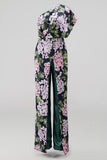 Dark Green Floral One Shoulder Long Mother of the Bride Pantsuits with Pockets