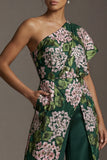 Dark Green Floral One Shoulder Long Mother of the Bride Pantsuits with Pockets