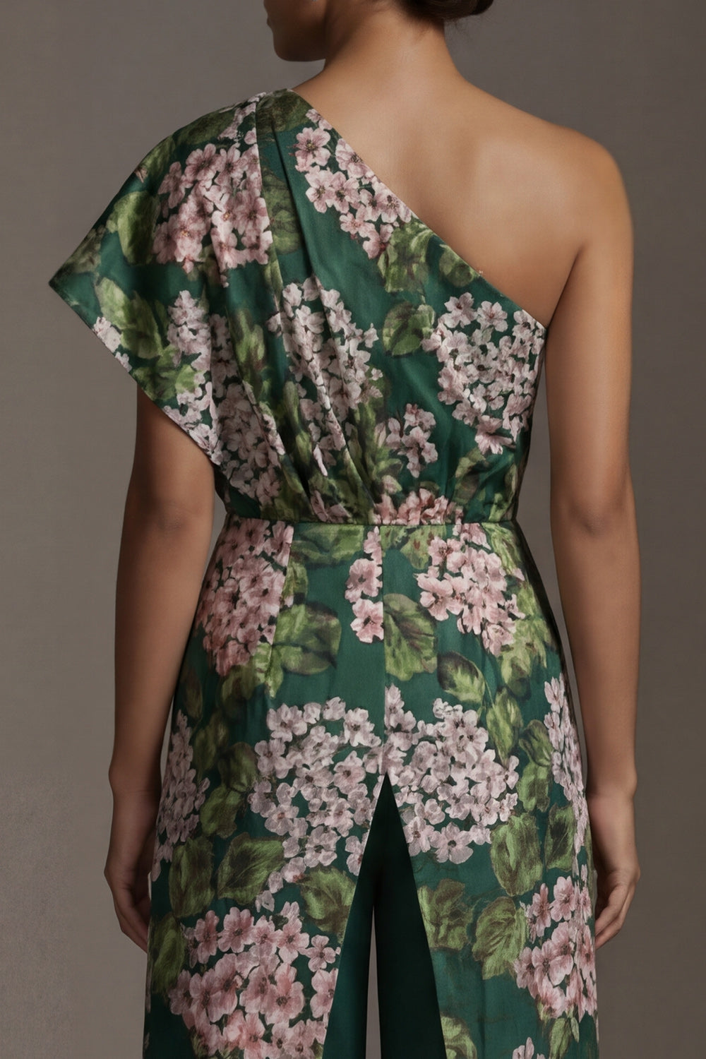 Dark Green Floral One Shoulder Long Mother of the Bride Pantsuits with Pockets