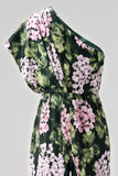 Dark Green Floral One Shoulder Long Mother of the Bride Pantsuits with Pockets