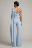 Ruffled One Shoulder Sky Blue Floral Long Mother of the Bride Pantsuits with Lace