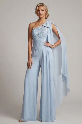 Ruffled One Shoulder Sky Blue Floral Long Mother of the Bride Pantsuits with Lace