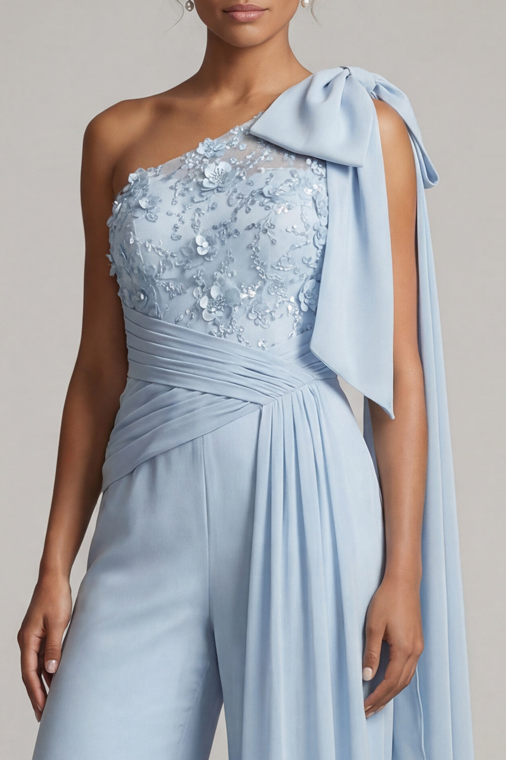 Ruffled One Shoulder Sky Blue Floral Long Mother of the Bride Pantsuits with Lace