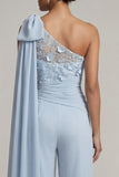 Ruffled One Shoulder Sky Blue Floral Long Mother of the Bride Pantsuits with Lace