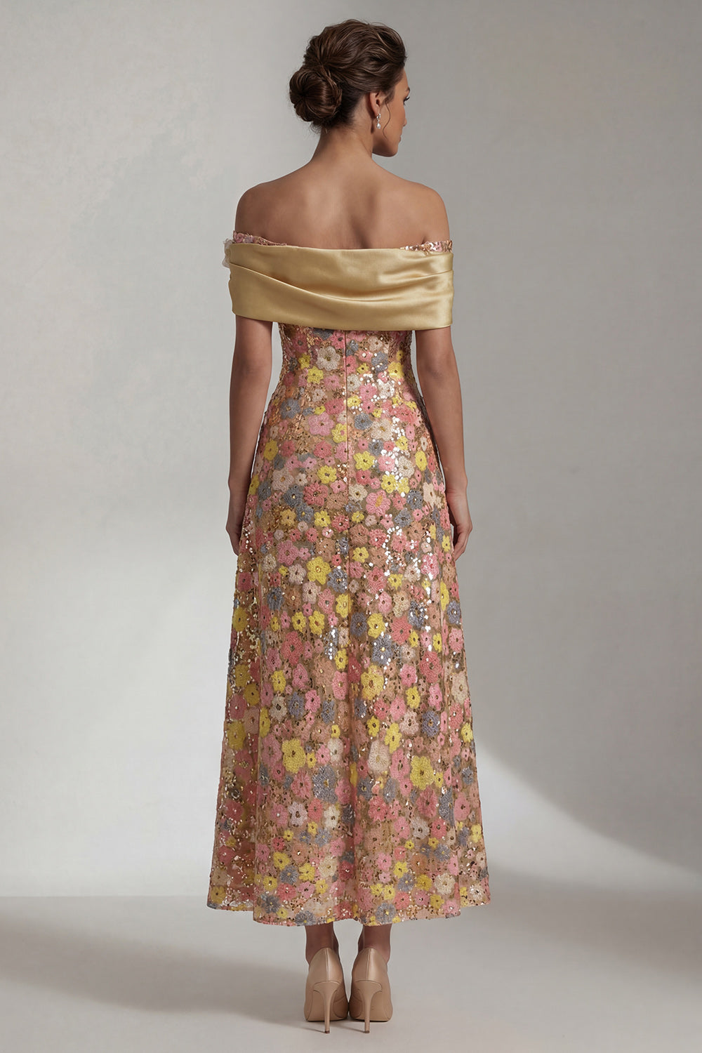 Sparkly Yellow Long Off the Shoulder A Line Mother of the Bride Dress with 3D Flower