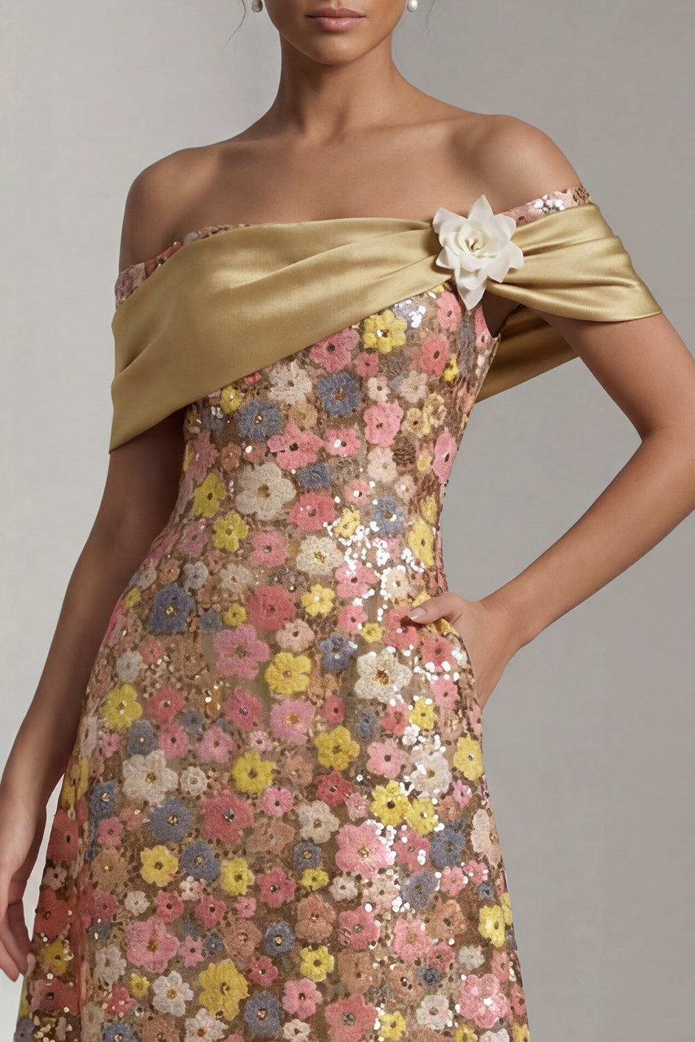 Sparkly Yellow Long Off the Shoulder A Line Mother of the Bride Dress with 3D Flower