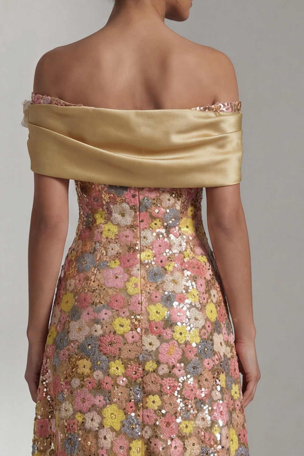 Sparkly Yellow Long Off the Shoulder A Line Mother of the Bride Dress with 3D Flower