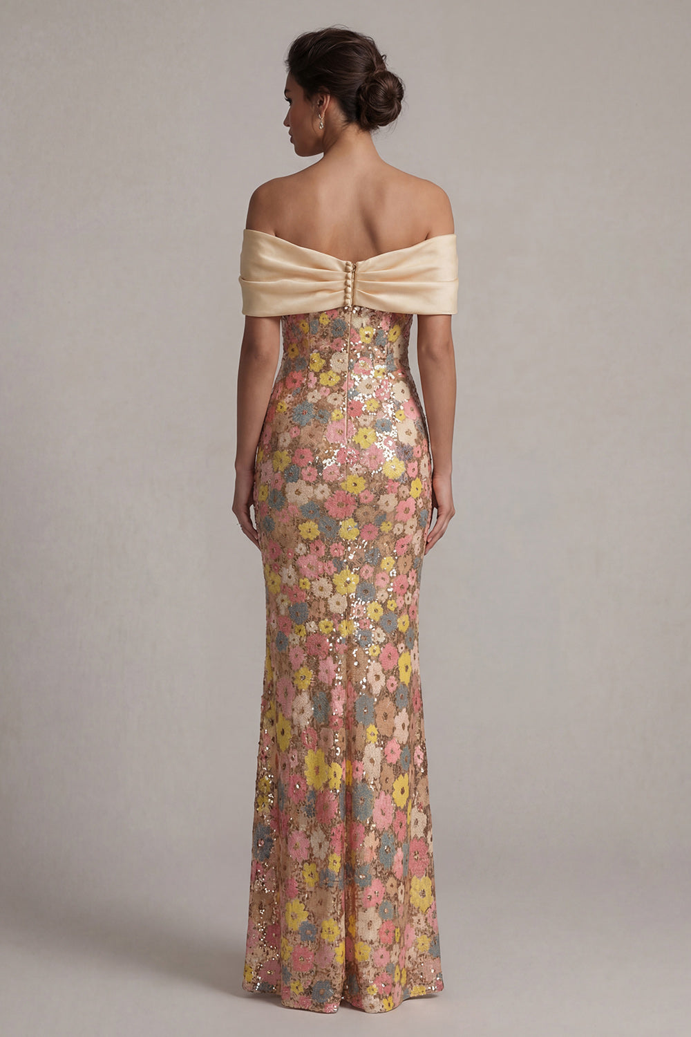 Off the Shoulder Floral Mermaid Sparkly Yellow Long Mother of the Bride Dress with Bow