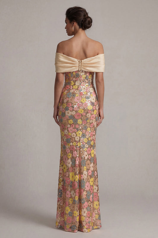 Off the Shoulder Floral Mermaid Sparkly Yellow Long Mother of the Bride Dress with Bow