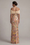 Off the Shoulder Floral Mermaid Sparkly Yellow Long Mother of the Bride Dress with Bow