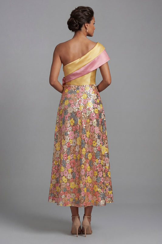 One Shoulder Sparkly Yellow Long Floral A Line Mother of the Bride Dress with Pockets