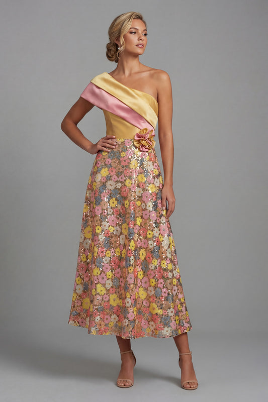 One Shoulder Sparkly Yellow Long Floral A Line Mother of the Bride Dress with Pockets