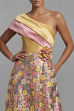 One Shoulder Sparkly Yellow Long Floral A Line Mother of the Bride Dress with Pockets