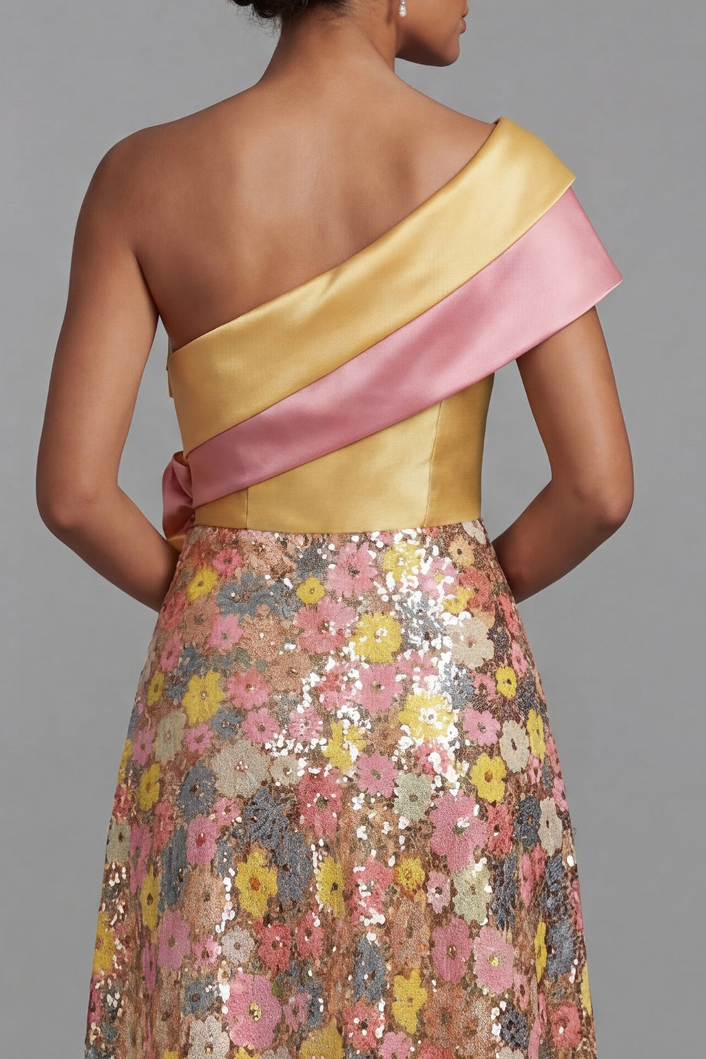 One Shoulder Sparkly Yellow Long Floral A Line Mother of the Bride Dress with Pockets