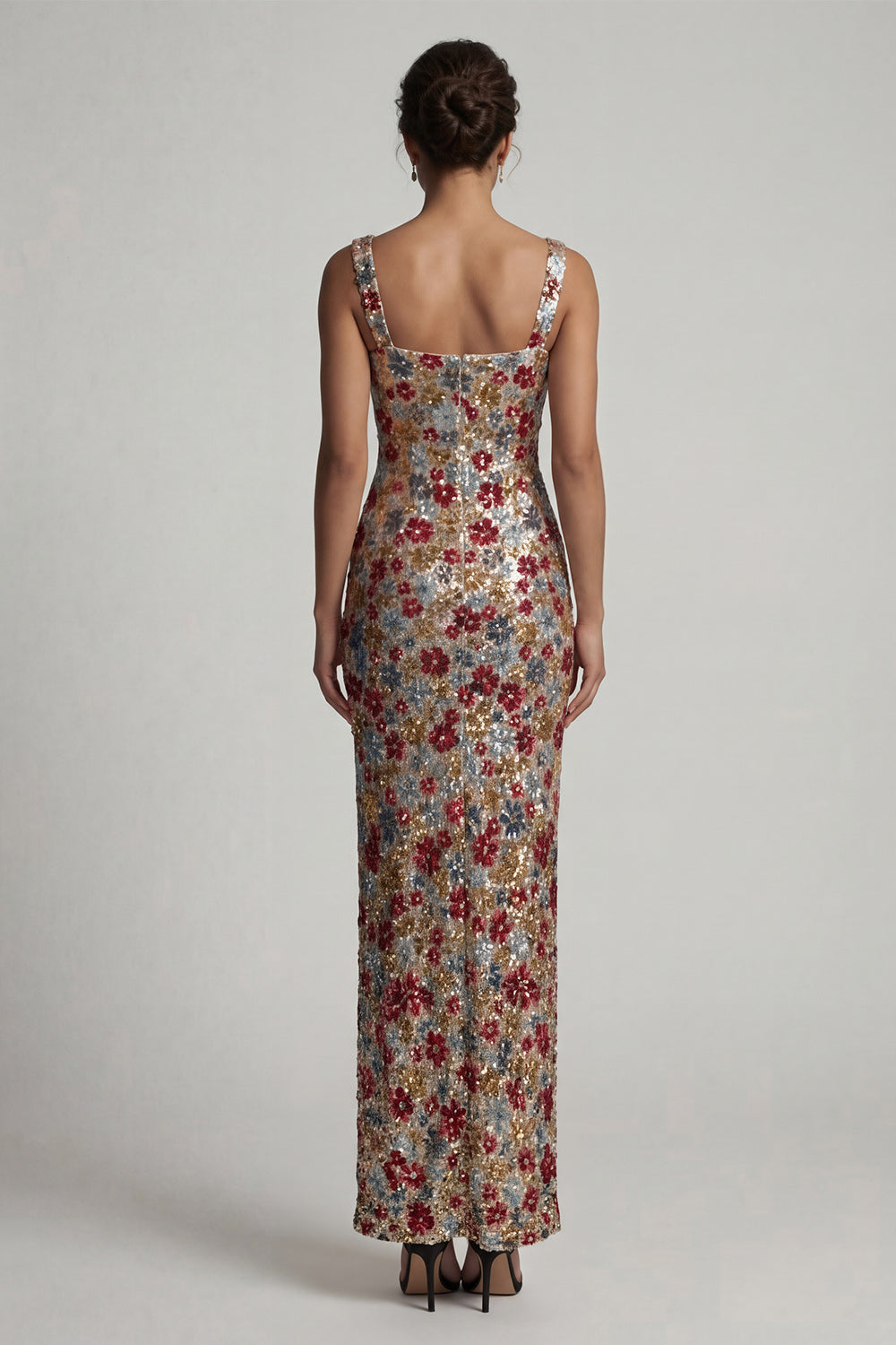 Square Neck Floral Mermaid Sparkly Red Sequin Long Mother of the Bride Dress